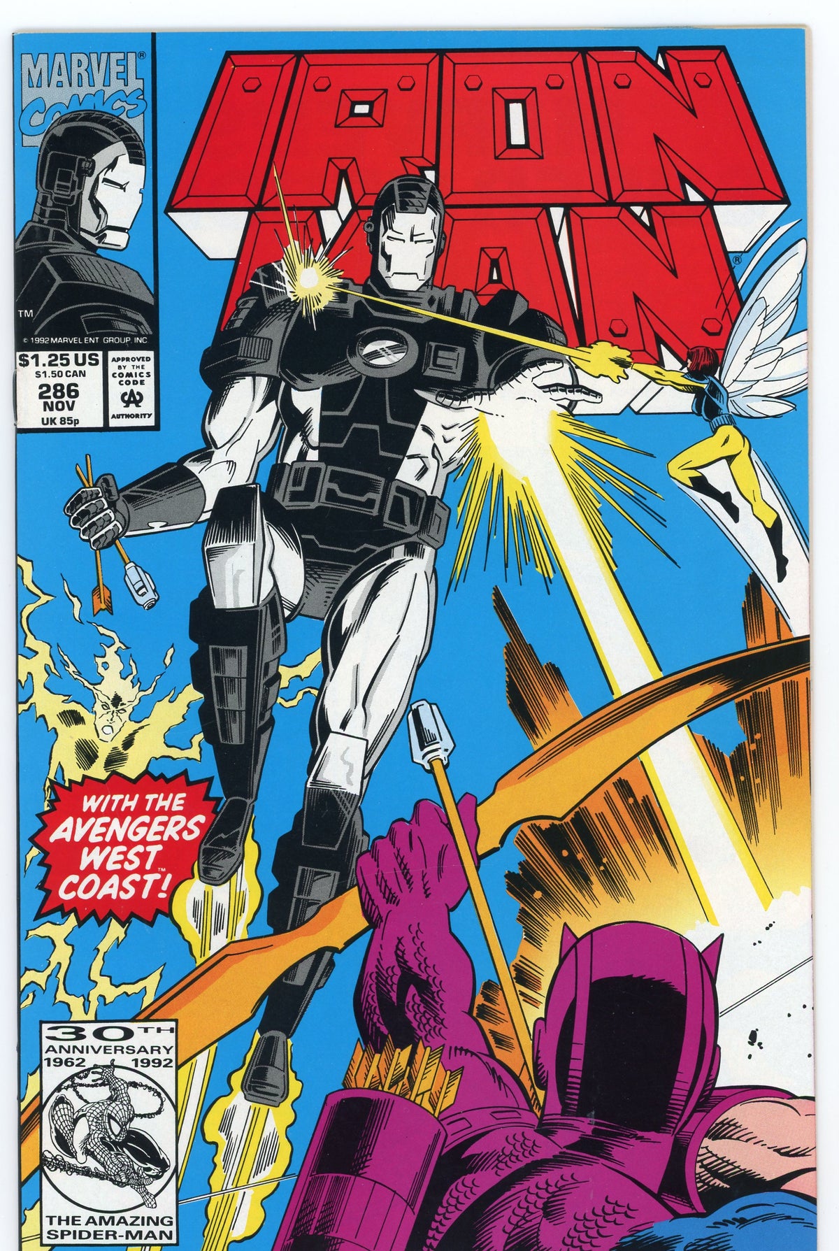 IRON MAN #286 NM GREAT HAWKEYE APP. EXPLOSIVE BATTLE COVER